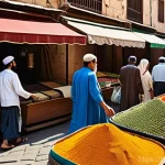 아르헨티나 스페인어 문법 차이 - **Prompt:** A bustling and vibrant street market scene in a warm, sunny Middle Eastern city. People ...
