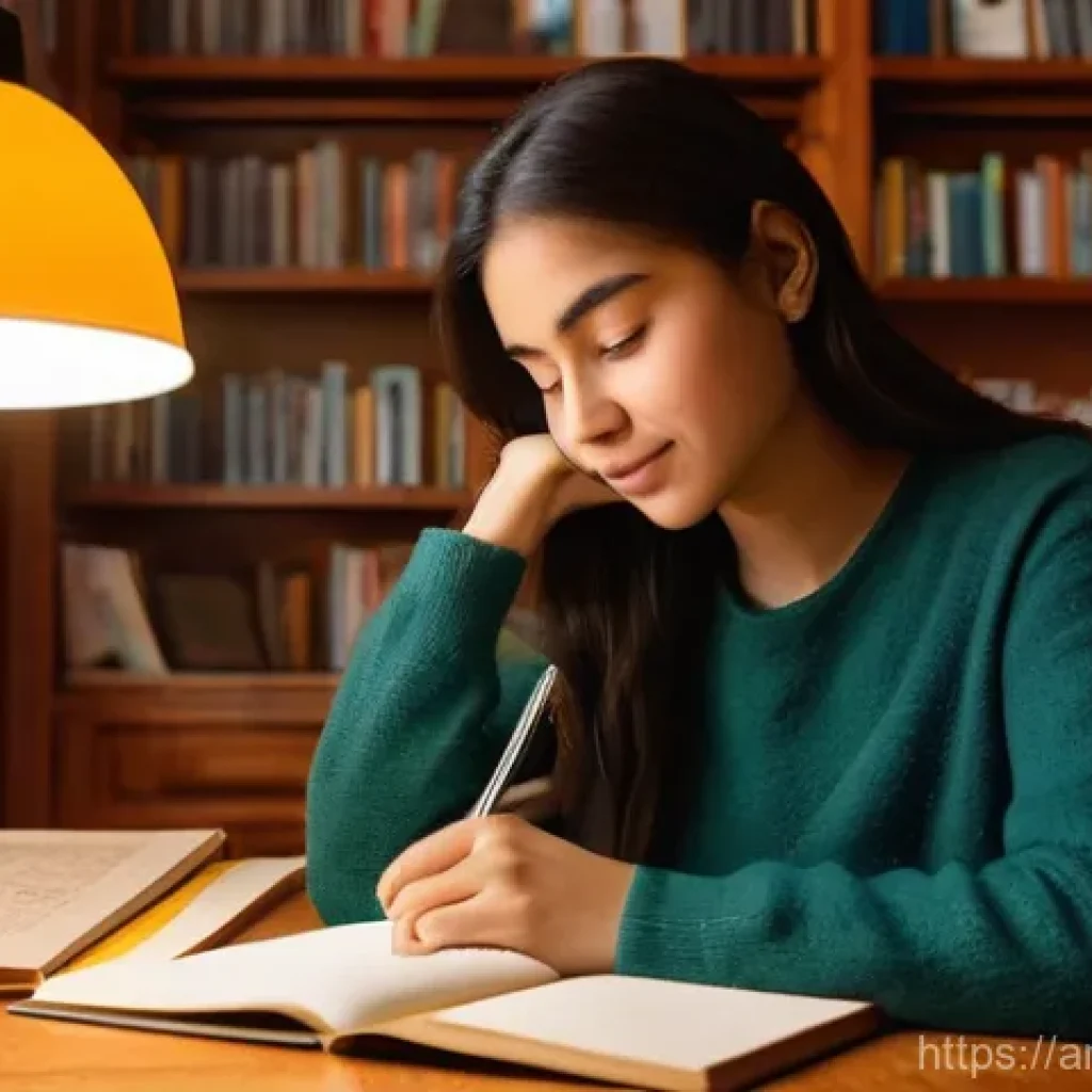 스페인어 어휘 암기법 - **Prompt:** A focused young woman (late teens/early twenties) sits comfortably at a wooden desk in a...