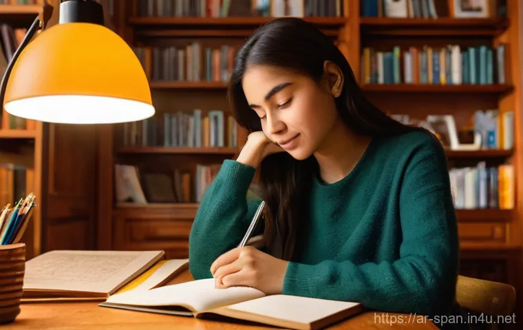 스페인어 어휘 암기법 - **Prompt:** A focused young woman (late teens/early twenties) sits comfortably at a wooden desk in a...