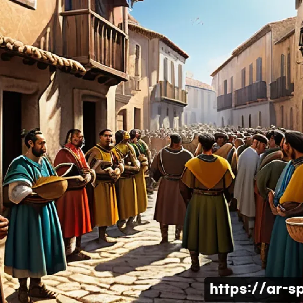 스페인어 문법 변천사 - **Prompt:** A historically-inspired digital painting depicting the vibrant early stages of the Spani...