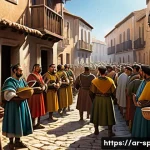 스페인어 문법 변천사 - **Prompt:** A historically-inspired digital painting depicting the vibrant early stages of the Spani...