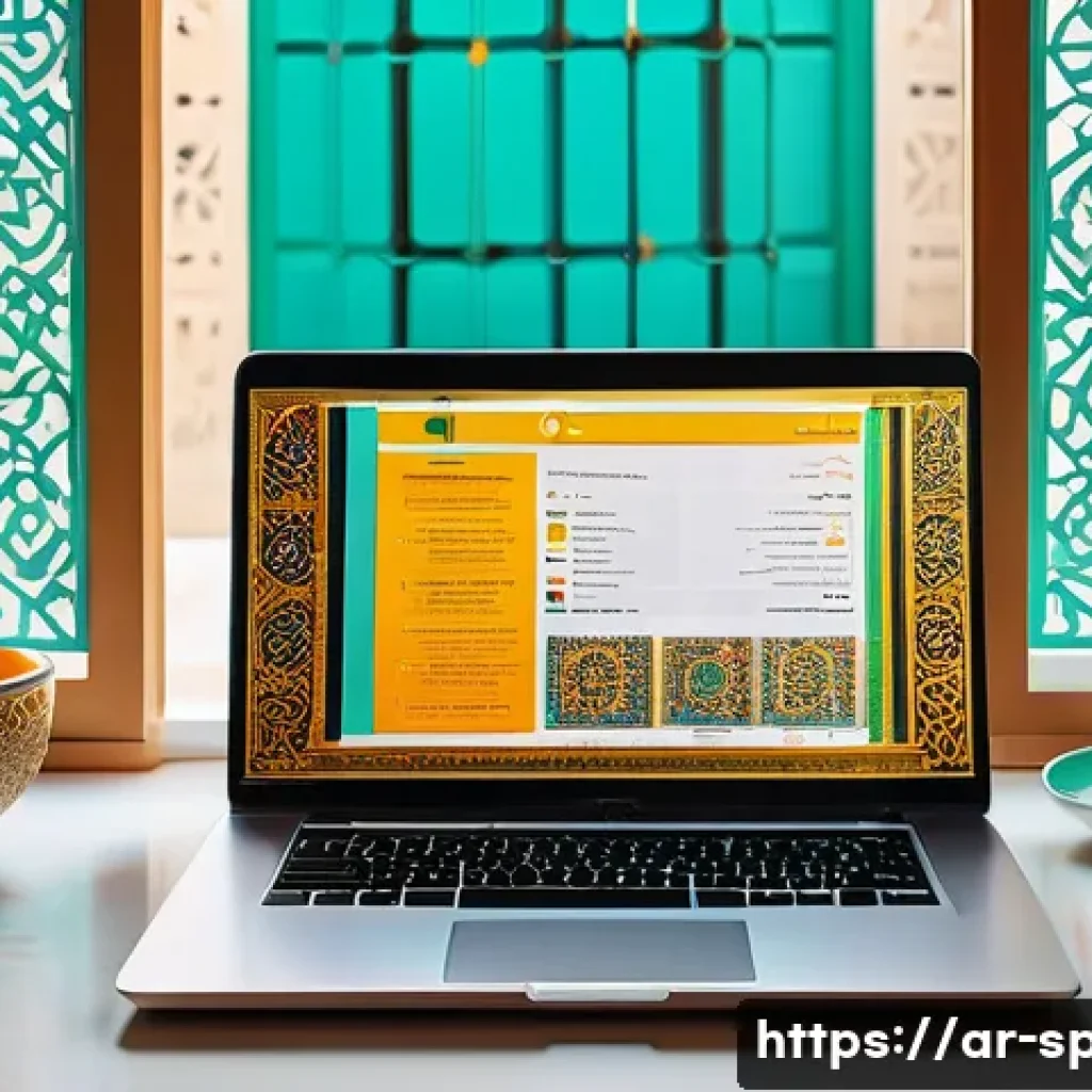 스페인어로 블로그 운영하기 - A modern Arabic blogger workspace featuring a sleek laptop displaying a Spanish language blog dashbo...