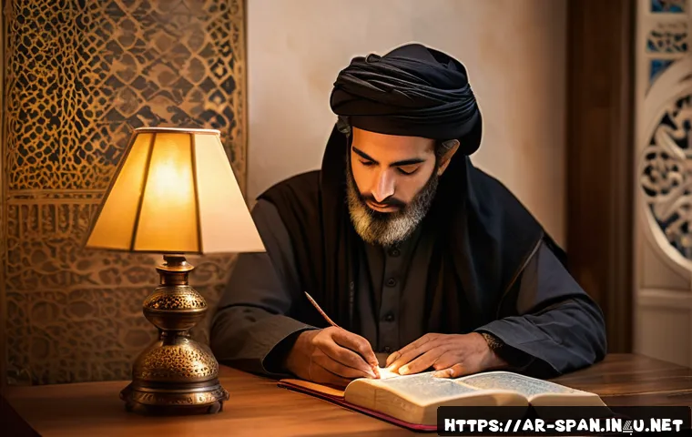 스페인어 성경 읽기 - A serene and contemplative scene of an Arabic-speaking person sitting peacefully in a cozy, softly l...