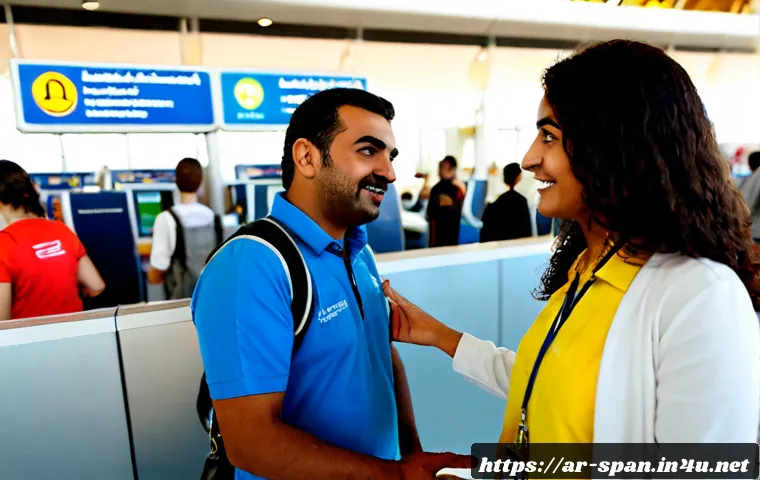 Home 30 스페인어 공항에서 유용한 표현 - Photorealistic international airport information desk in Spain, a modest Arab family traveler speaki...
