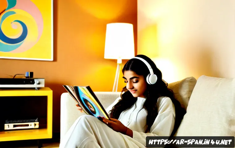 스페인어권 음악 추천 - Photorealistic cozy evening scene in a modern Arab living room, a young Middle Eastern woman wearing...
